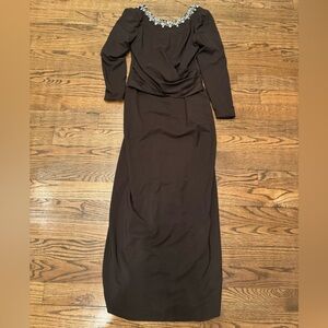 Dress the Population Brown Rhinestone Embellished Formal Gown Long Sleeve XL